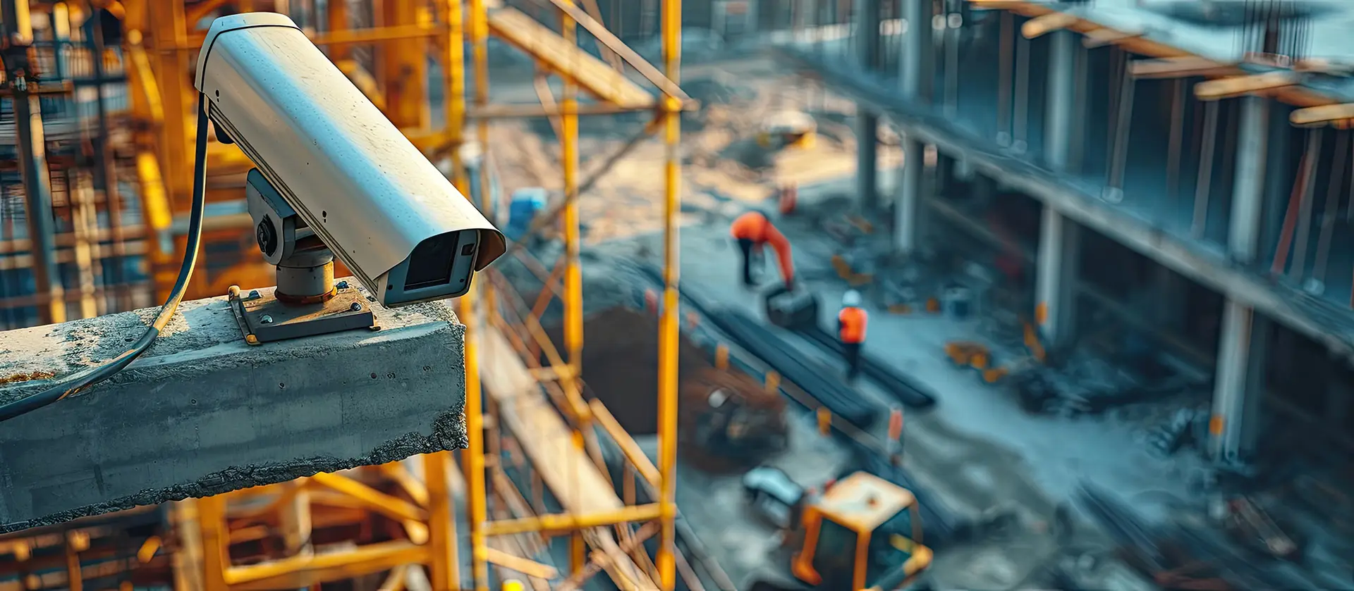 CCTV camera watching an excavator and workers working on a construction site. with copy space image. Place for adding text or design